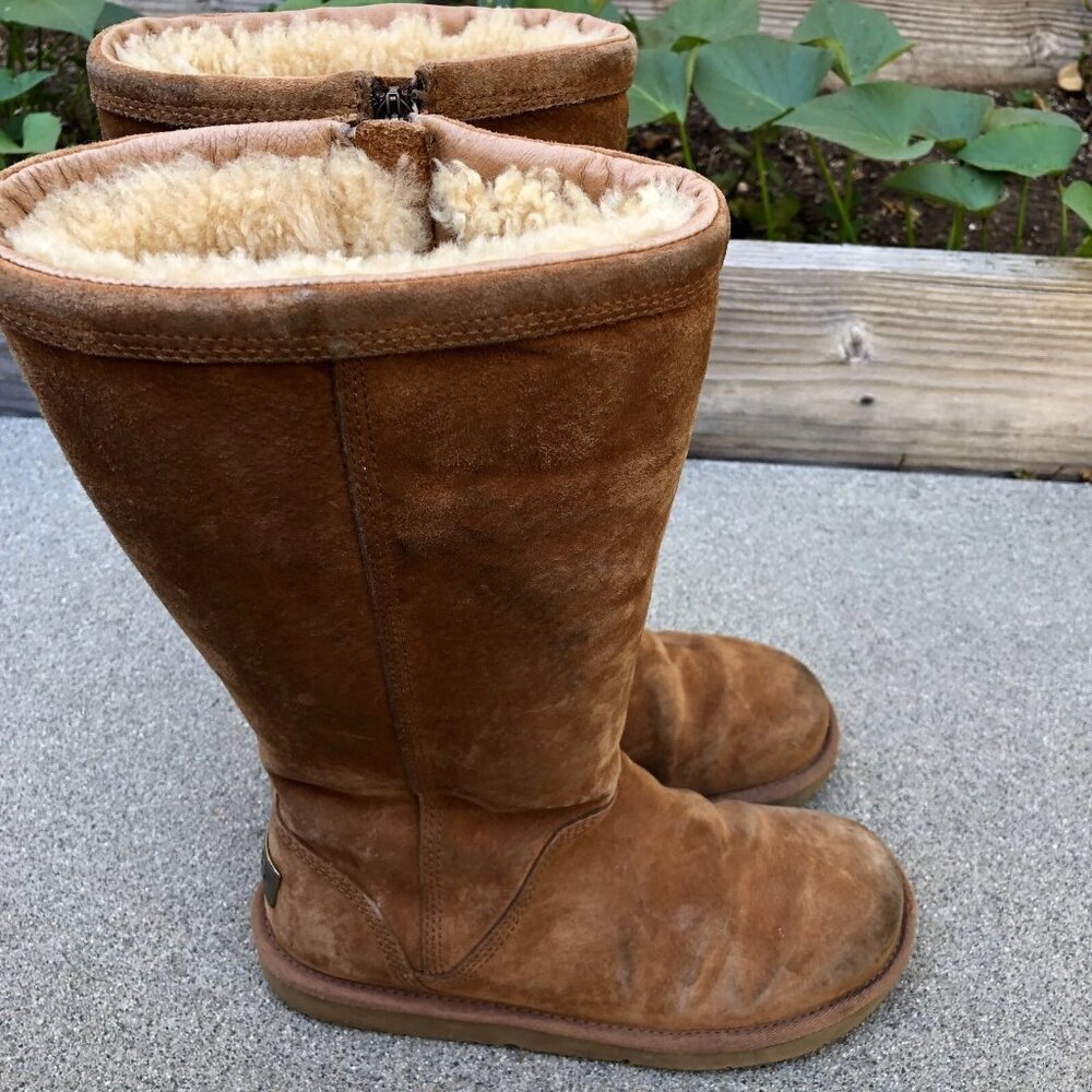 UGG Australia Kenly Tall Boots 6 W Brown Chocolate Leather Shearling 1890 Shoes‌